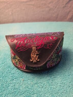 Christian Audigier Sunglasses Case Black Leather Embroidered Floral Crown Y2K